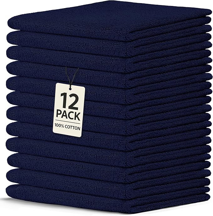 Crystal Ridge Cotton Wash Cloths 12 Pack - Washcloths for Showering, Face and Body, Soft and Highly Absorbent Multipurpose Towels for Bathroom, Kitchen, Spa and Gym - Wash Rags 12 x12 (Navy)