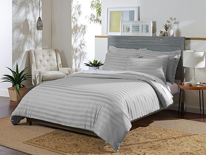 Pure Bamboo Queen Duvet Cover, 3 Piece Set, Genuine 100% Organic Viscose Derived from Bamboo, Luxuriously Soft and Cooling, 2 Pillowcases (Queen, Jacquard Silver)