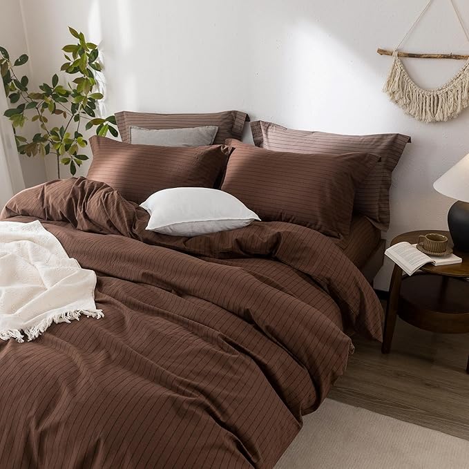 Stripe Duvet Cover Queen Size 90inch x 90inch,100% Washed Cotton Pinstripe Duvet Cover with Zipper Closure and 2 Pillowcases, Color of Cocoa Brown-Black Stripe