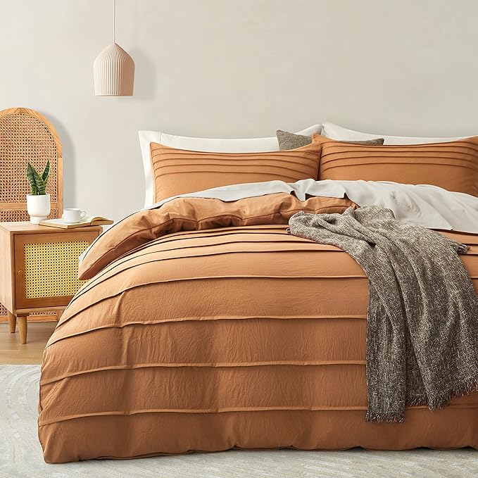 Oli Anderson Pumpkin Brown Duvet Cover King Size - Pleated King Duvet Cover, 3PCS Soft and Breathable Textured Bedding Set with Zipper Closure(Pumpkin Brown,104"x90")