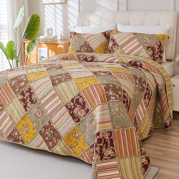 Cmfshape Floral Quilt Sets Bedspread Set 100% Cotton Patchwork Bedding Set, All Season Use Lightweight Reversible Coverlet Quilts with 2 Pillow Shams(Queen 92"x96")