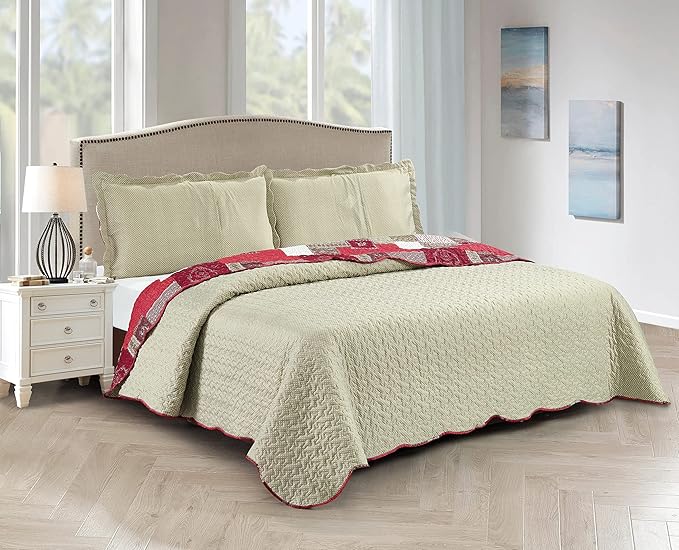 Brilliant Sunshine Burgundy Heart Love, Floral and Lace Patchwork, 3-Piece Quilt Set with 2 Shams, Reversible Bedspread, Soft Lightweight Coverlet, All-Season, King, Burgundy