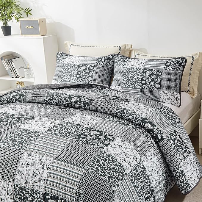 Mybedsoul Black Grey Boho Quilt Set Queen Size,3 Pieces Plaid Floral Bedspread Coverlet Set for All Season,Patchwork Reversible Bedding Set Queen 90"x96"