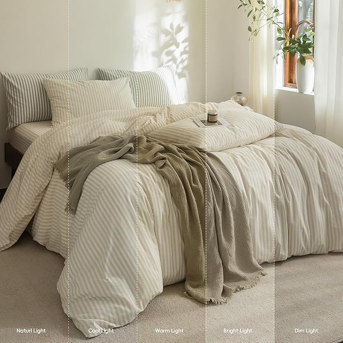 FOSSA Striped Duvet Cover Set 100% Washed Cotton Linen Feel Super Soft Breathable Cozy 3 Pieces Bedding Sets Almond Milk Grey Classic Stripes King