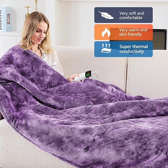 greenoak Heated Electric Blanket Throw, Faux Fur Sherpa Heating Blanket for Sofa Bed, Warm Winter Gifts for Women/Her, Heater Lap Blankets 5-Position Timer &10 Heating Levels 72''*84" Purple
