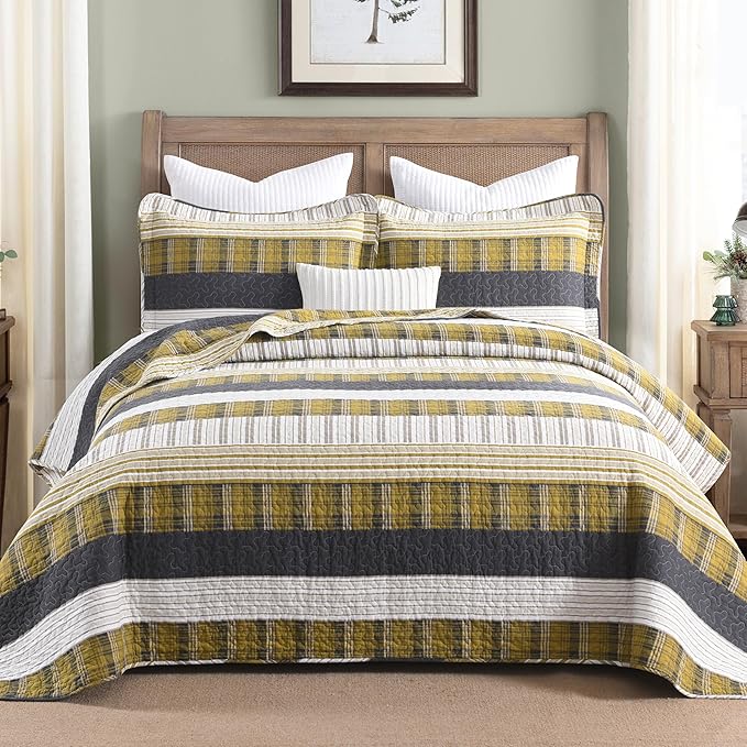 Homzard King Comforter，Cotton King Size Quilt，Amber Green Black Bedding Set，Plaid Striped Bedspread，Lightweight Reversible Coverlet 3 Pieces