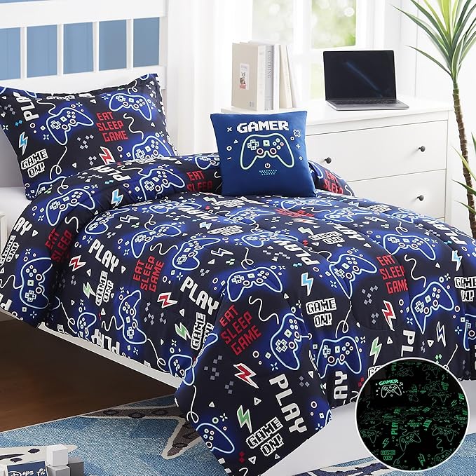 Kids Comforter Set Full Size for Boys, Glow in The Dark Gamer Bedding Set 1 Comforter, 1 Decor Pillow, 2 Pillow Shams