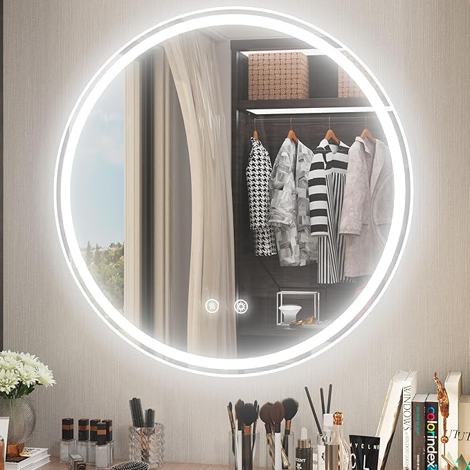 28-Inch Frameless Round LED Bathroom Mirror with Anti-Fog, Memory Function, Dimmable Front & Backlit Lights, 6000K Daylight, 5mm HD Glass, Touch Control