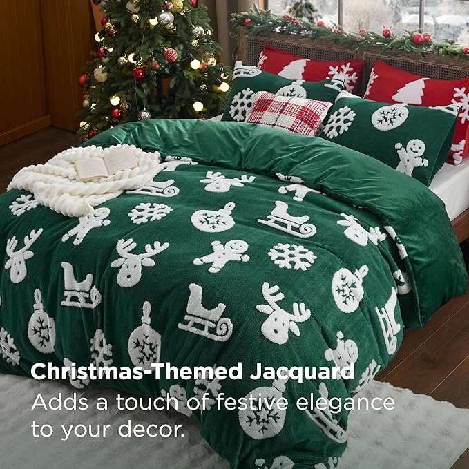 Bedsure Fluffy Christmas Duvet Cover Set - Ultra Soft Plush Shaggy Comforter Cover Twin Size, Warm Flannel Fleece Bed Sets for Winter, 2 Pieces, Gingerbread Man Pattern, Green