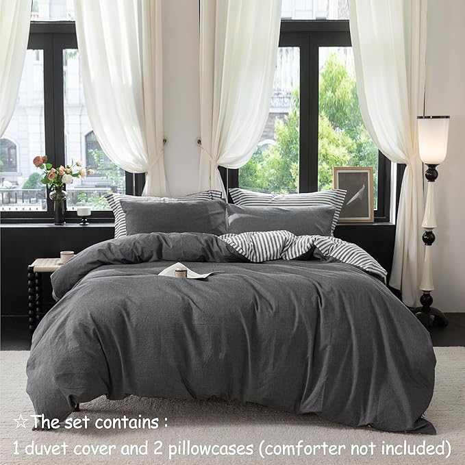 Reversible Duvet Cover Set 100% Washed Cotton Dark Grey Stripe Linen Feel Duvet Cover Queen Size with Zipper Closure & 2 Pillow Shams,Dark Grey/White Stripe Reverse Solid Dark Grey