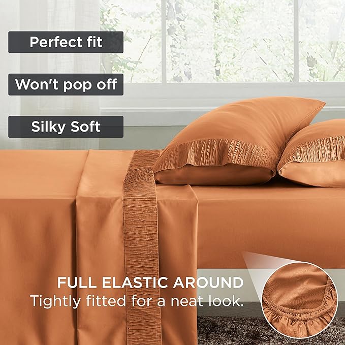 Bedsure Queen Sheet Set - 4 Pieces Soft Queen Size Sheets - Breathable & Cooling - Hotel Luxury - Easy Care Polyester Microfiber Bedding for Women, Men, Dusty Orange