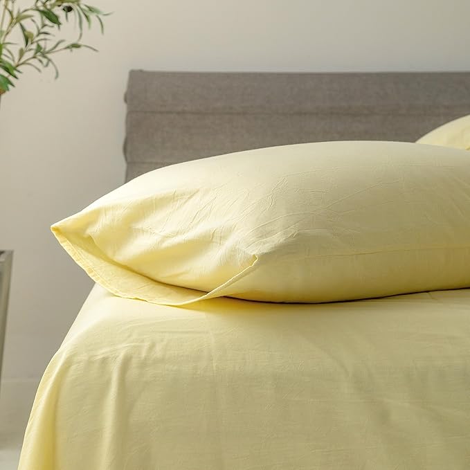 FOSSA Duvet Cover Set 100% Washed Cotton Linen Feel Super Soft Breathable Cozy 3 Pieces Bedding Sets Solid Pastel Yellow Oversized King