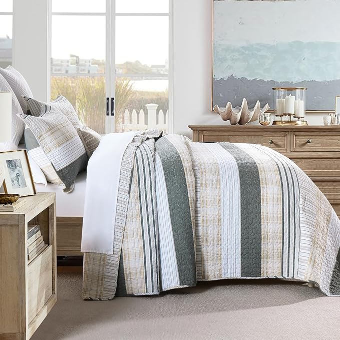 Homzard Twin Quilt, Cotton Comforter Set, Cream Grey Quilt Bedding,Reversible Lightweight Twin Bedspread,2 Pieces