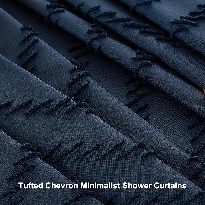 Extra Long Boho Navy Blue Shower Curtain, Woven Fabric Shower Curtain, Tufted Chevron Striped, 72 x 78, Modern Chic Textured Minimalist Bathroom Cloth Shower Curtains