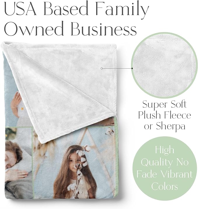 Ships Next Day, Custom Blanket with Picture - Printed in USA, Personalized Photo Blanket 8-Pic(Fleece – 96x120)
