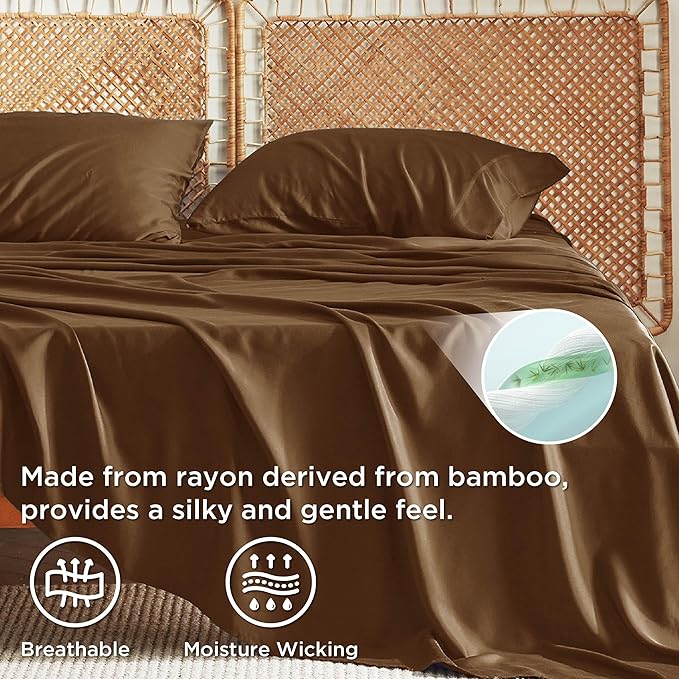 Bedsure California King Sheet Sets, Cooling Sheets for Hot Sleepers, Rayon Derived from Bamboo, Breathable & Soft, Deep Pocket Up to 16 Inches, Hotel Luxury Silky Bedding, Brown