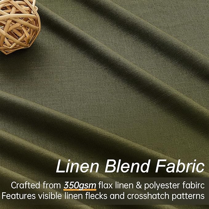 Topfinel Olive Green Linen Blackout Curtains 84 Inches Long, 100% Blackout Pinch Pleated Dark Green Boho Thermal Insulated Back Tab Curtains for Living Room Bedroom, Retro Drapes with Hooks Rings