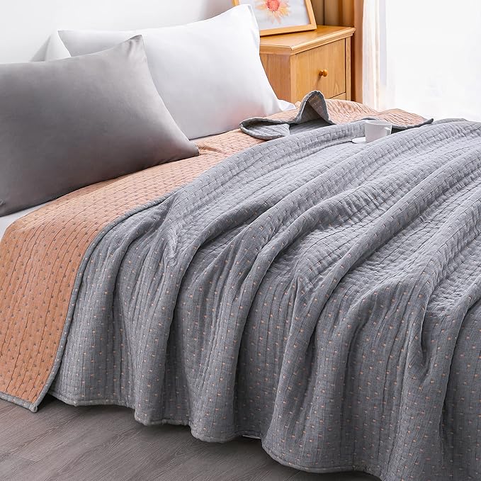 NTBAY 3 Layers Cotton Muslin 88x92 Queen Bed Blanket, Super Soft Breathable Thermal Yarn Dyed Quilt for Adults, Perfect Lightweight Blanket for Couch Sofa Bed All Seasons, Orange Dot