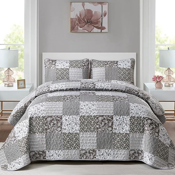 Mybedsoul Grey Boho Quilt Set King Size,3 Pieces Plaid Floral Bedspread Coverlet Set for All Season,Patchwork Reversible Bedding Set King 90"x104"