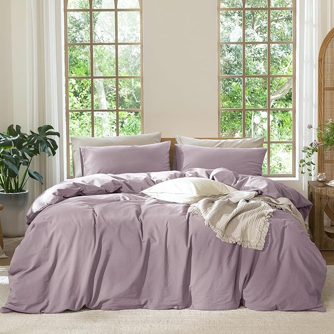 MooMee Bedding Duvet Cover Set 100% Washed Cotton Linen Like Textured Breathable Durable Soft Comfy (Solid Taro Purple, Full 80"x90")