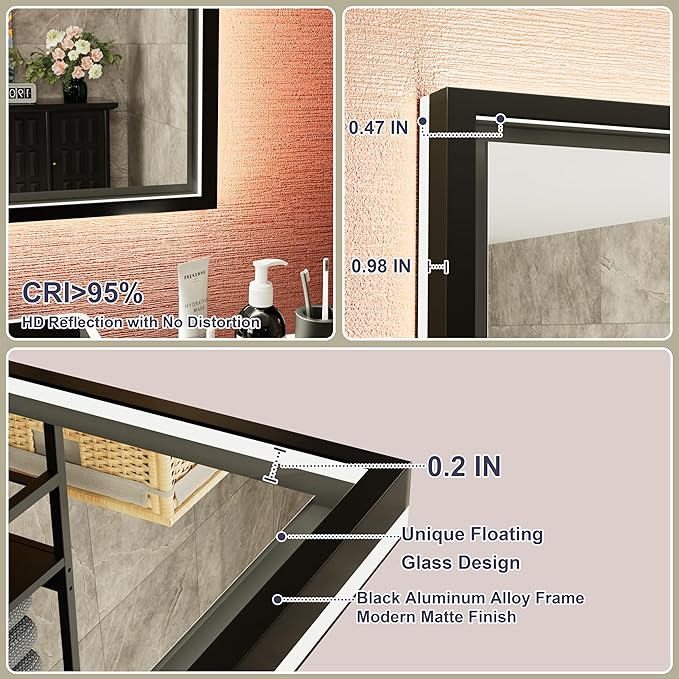 LED Bathroom Mirror with Front and Back Lighting, 3 Color Temp, Dimmable, Anti-Fog, Black Aluminum Frame Wall Mounted Lighted Bathroom Vanity Mirror