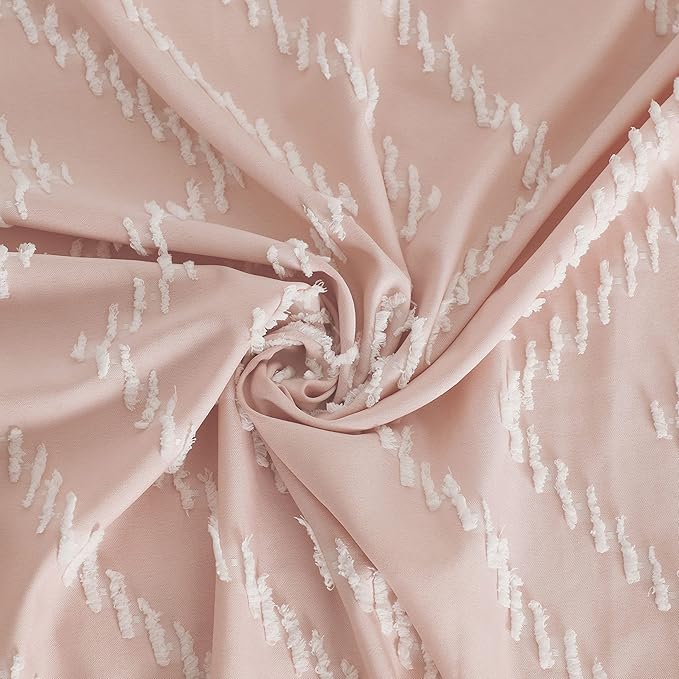 Extra Long Pink Boho Shower Curtain with White Tassel, Woven Fabric 96 in Curtain, Tufted Chevron Striped, 72x96, Modern Chic Textured Minimalist Cute for Bathroom