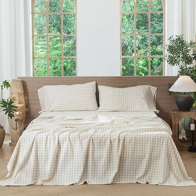 MooMee Gingham Sheet Set 100% Washed Cotton Linen Like Textured Breathable Soft w/ Fully Elasticized 16-19" Deep Pocket (Classic Gingham Almond Milk Grey, Queen)