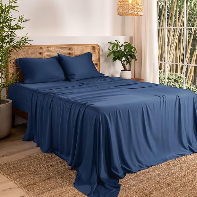 Bare Home 100% Rayon Made from Bamboo Luxury King Sheet Set - 4 Piece Bedding Set - Deep Pockets - Cooling Sheets - Breathable - Easy Fit - Soft Bedding Sheets & Pillowcases (King, Dark Blue)