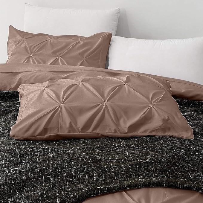 Pinch Pleated Duvet Cover Set 100% Brushed Microfiber 3PC Alaska King Size 120x132 Duvet Cover Set, Decorative Pinch Design Taupe Duvet Cover with Matching Pillow Case