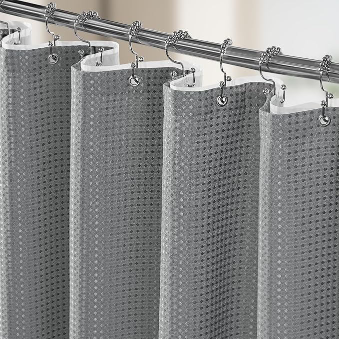 3 in 1 Shower Curtain Set, Waffle Shower Curtain and Liner Set with 12 Double Sided Shower Curtain Hooks, 258GSM Luxury Weighted Cloth Shower Curtains for Bathroom, 72 W x 84 H, Grey