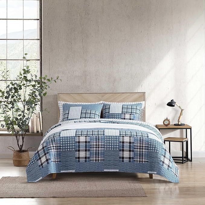 Eddie Bauer - Queen Quilt Set, Reversible Cotton Bedding with Matching Shams, Patchwork Plaid Bedding Set (Hawthorne Blue, Queen)