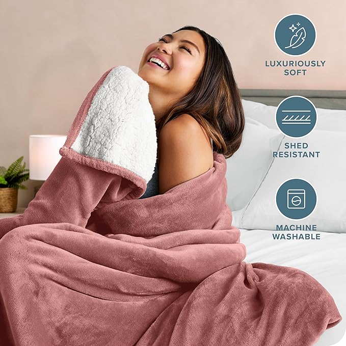 Bare Home Sherpa Fleece Blanket - Twin/Twin Extra Long - Blanket for Bed, Sofa, and Couch - Warm & Lightweight - Fluffy & Soft - Reversible (Twin/Twin XL, Old Rose)