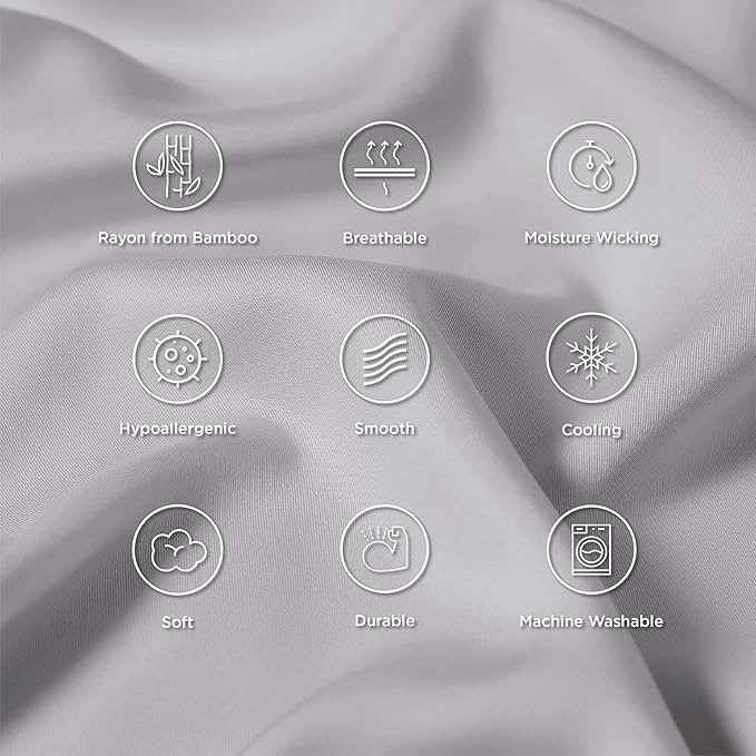 Bedsure King Size Pillow Cases Set of 2, Cooling Pillow Cases King, Rayon Derived from Bamboo Light Grey Pillowcases, Breathable & Silky Soft Bedding Pillow Covers with Envelope Closure, 20x36 Inches