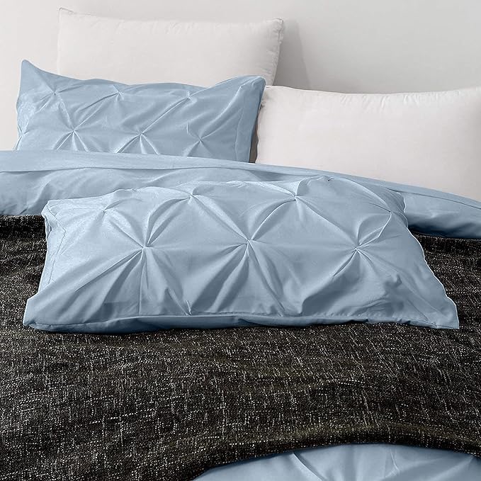 Pinch Pleated Duvet Cover Set 100% Brushed Microfiber 3PC Queen Size 90x90 Duvet Cover Set, Decorative Pinch Design Sky Blue Duvet Cover with Matching Pillow Case