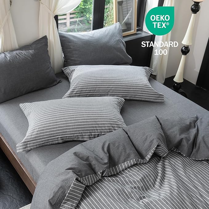 Reversible Duvet Cover Set 100% Washed Cotton Dark Grey Pinstripe Linen Feel Duvet Cover King Size with Zipper Closure & 2 Pillow Shams,Dark Grey/White Pinstripe Reverse Solid Dark Grey