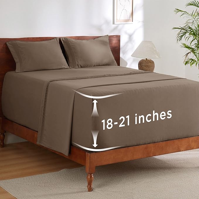 Bedsure Deep Pocket Queen Sheets Set - Fits Mattresses Up to 21 Inches Thick - 4 Piece GentleSoft Bed Sheets, Moisture Wicking, Soft & Cooling Bedsheet & Pillowcases, Easy & Secure Fit, Light Brown