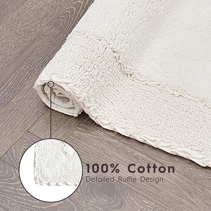 Laura Ashley Ruffle Border Ivory 17" x 24"/ 20" x 32" 100% Cotton Bath Rug Set