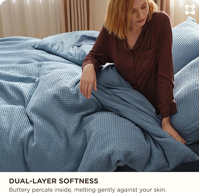 Bedsure Cotton Duvet Cover Queen - 100% Cotton Waffle Weave Grey Blue Duvet Cover Queen Size, GentleSoft™ and Breathable Bedding Set for All Season, 3 Pieces, 90"x90"