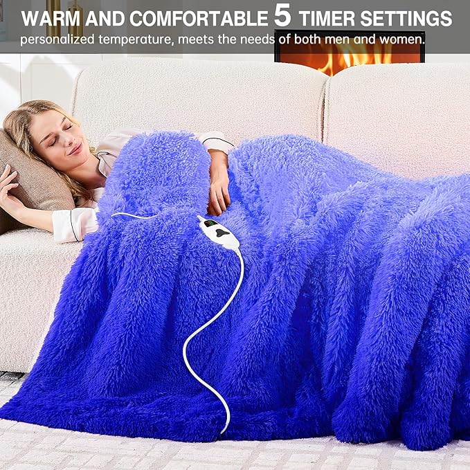 Heated Electric Blanket Throw–Faux Fur with Soft Thick Sherpa,Warm Winter Birthday Gifts for Women Grandma，10 Heat Settings,5 Time Settings with Fast Heating, 50x60, Glacier Blue