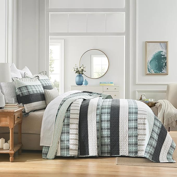 Homzard Queen Comforter Set，Cotton Quilts Queen Size，Teal Black Beige Bedding，Plaid Striped Bedspread，Lightweight Reversible Coverlet All Season 3 Pieces
