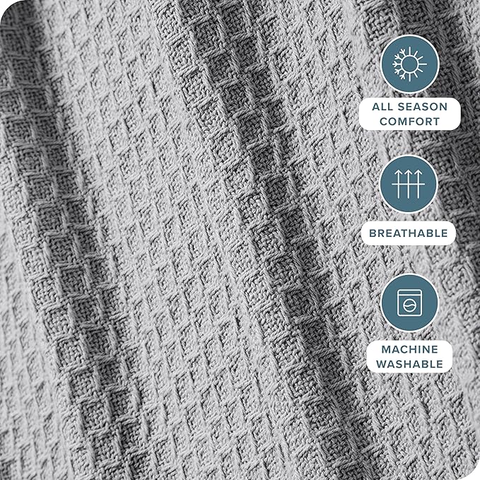 Bare Home Light Grey Waffle Blanket, Throw Size 44Wx66L, 100% Cotton, Soft & Breathable for All Seasons, Lightweight, Perfect for Layering Bed, Sofa & Couch (Throw/Travel, Light Grey)