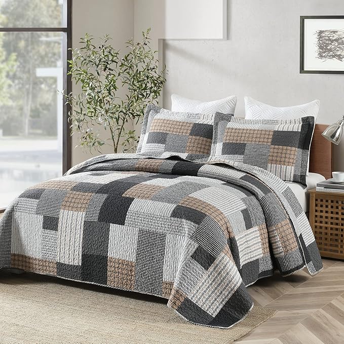 Y-PLWOMEN Quilt King Size - 3 Piece Cotton Quilts Lightweight Bedspreads Farmhouse Plaid King Size Quilt Cozy Reversible Quilt Bedding Set All Season, Grey Black Brown White