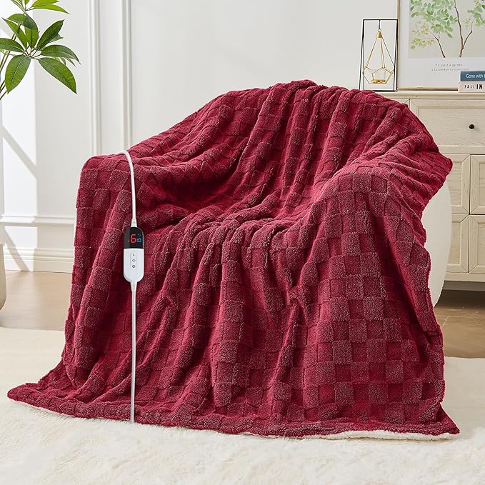 Electric Heated Blanket Full Size - Jacquard Checkered Sherpa 72"x84" Fast Heating Bed Blankets with 6 Heating Levels & 10 Hours Auto Off, Over-Heat Protection ETL, Red
