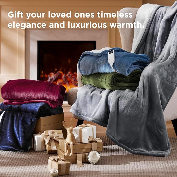 Bedsure Heated Blanket Throw Blanket - Fast Heating Electric Blanket, Soft Flannel Heated Throw with 4 Time Settings, 6 Heating Settings, Warm Gifts for Women Men (50x60 inches, River Blue)