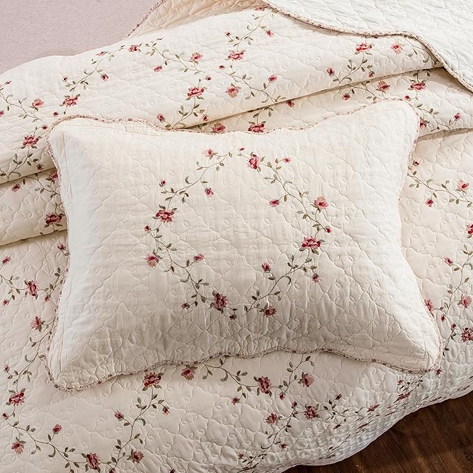 Quilt Set Classical 3D Floral Embroidery Pattern 3-Piece Cotton Reversible Quilted Embroidered Decorative Bedspreads Coverlet Bedding Set, Lightweight &Soft,Beige,King Size