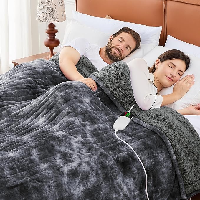 greenoak Heated Electric Blanket Throw, Faux Fur Sherpa Heating Blanket for Sofa Bed, Warm Winter Gift for Dad/Grandma, Heater Lap Blankets 5-Position Timer &10 Heating Levels 72''*84" Marble Grey