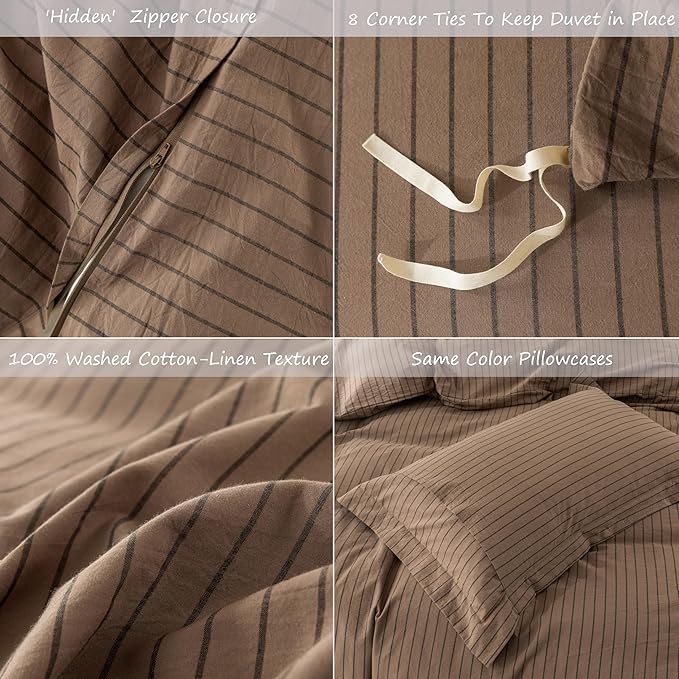 Stripe Duvet Cover King Size 104inch x 90inch,100% Washed Cotton Pinstripe Duvet Cover with Zipper Closure and 2 Pillowcases, Color of Light Brown-Black Stripe