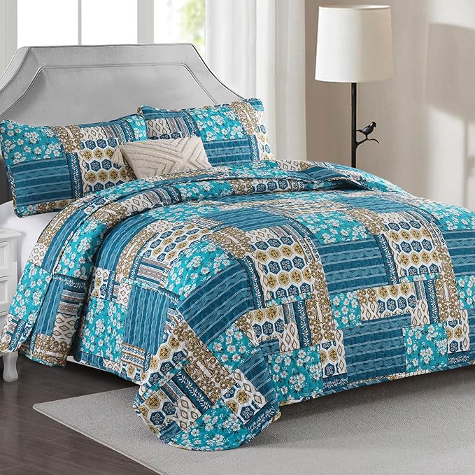 Mybedsoul Dusty Blue Quilt Set King Size, 3 Pieces Plaid Floral Bedspread Set Patchwork Reversible Bedding Set Microfiber Lightweight Bedspread Coverlet Set for All Season 110"x90"