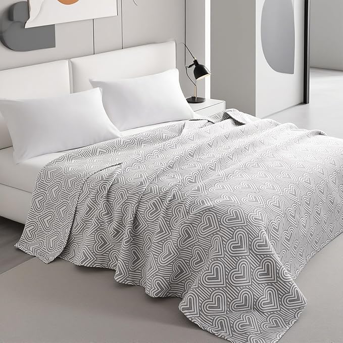 NTBAY 3 Layers Cotton Muslin 106x92 King Bed Blanket, Super Soft Breathable Thermal Yarn Dyed Quilt for Adults, Perfect Lightweight Blanket for Couch Sofa Bed All Seasons, Grey Heart