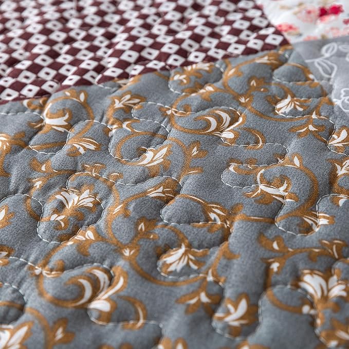 HoneiLife Quilt Set Queen Size - 3 Piece Microfiber Quilts Reversible Bedspreads Patchwork Coverlets Floral Bedding Set All Season Quilts-Grey Rose,Queen/Full Size